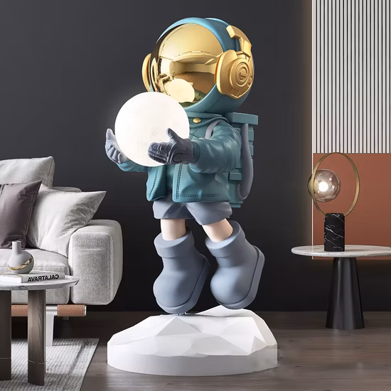 Decorazioni per la casa di lusso a grandezza naturale, scultura in resina, statua dell'astronauta spaziale in fibra di vetro per la decorazione di interni